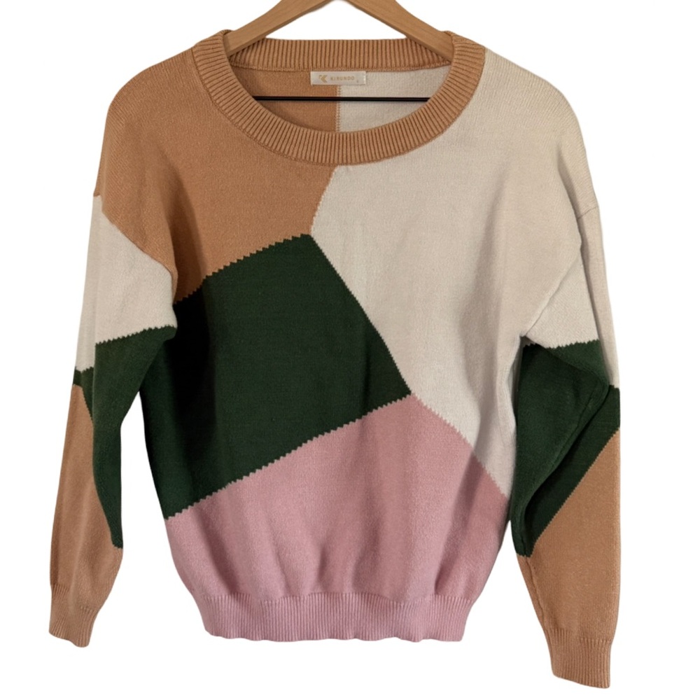 KIRUNDO Colorblock Knit Sweater –‎ Tan, Ivory, Green & Blush | Size M